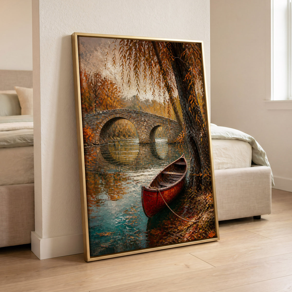 Autumn Mooring, brown, orange, green nature wall art displayed in a styled interior, gallery view 6