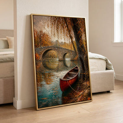Autumn Mooring, brown, orange, green nature wall art displayed in a styled interior, gallery view 6