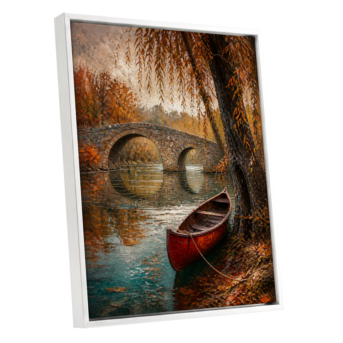 Autumn Mooring, brown, orange, green nature wall art shown as a white framed canvas wall art
