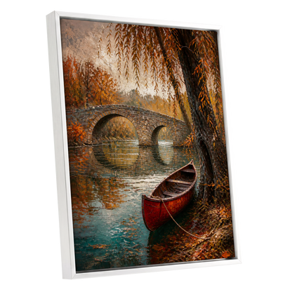 Autumn Mooring, brown, orange, green nature wall art shown as a white framed canvas wall art
