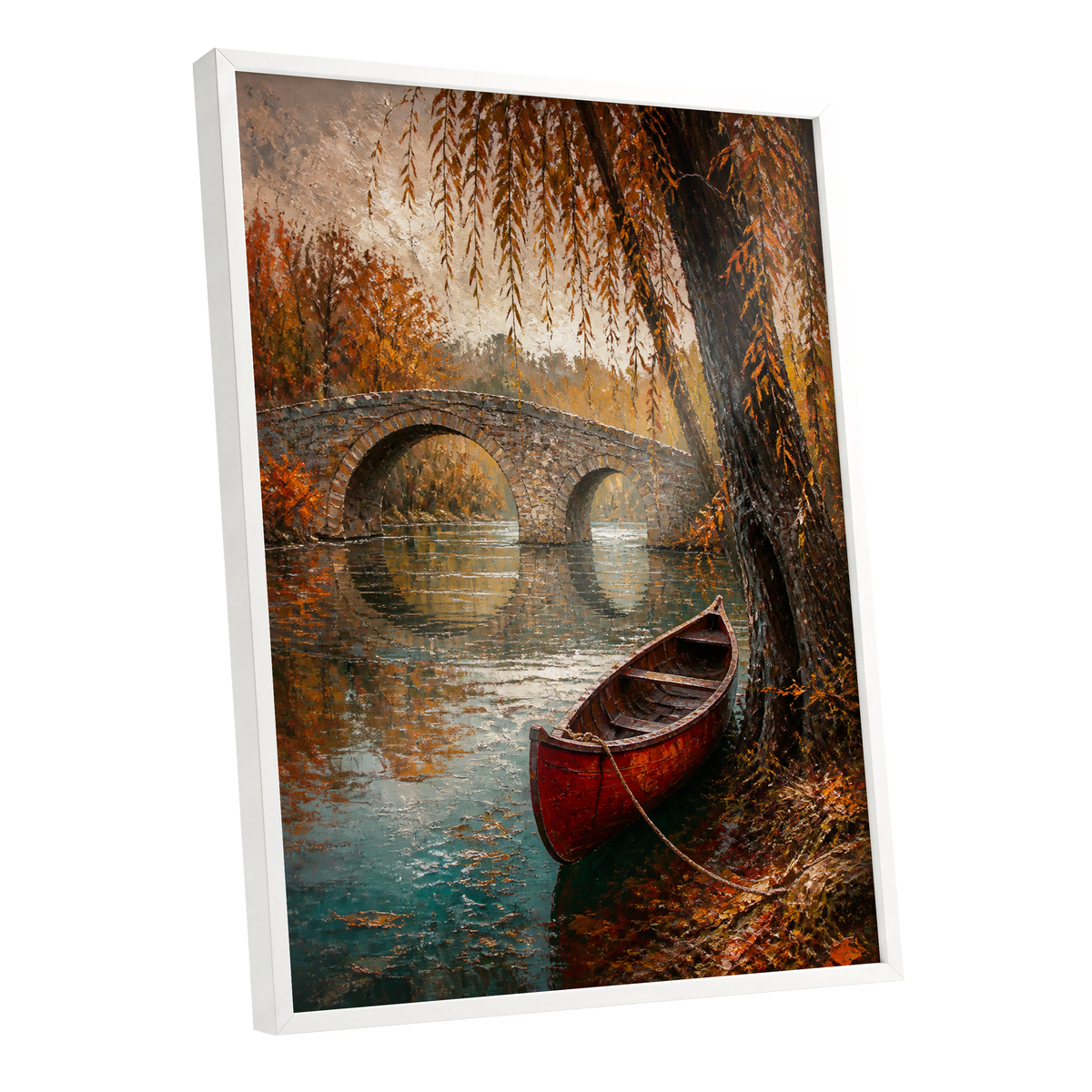 Autumn Mooring, brown, orange, green nature wall art shown as a white framed poster wall art print