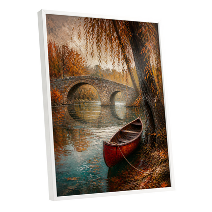 Autumn Mooring, brown, orange, green nature wall art shown as a white framed poster wall art print