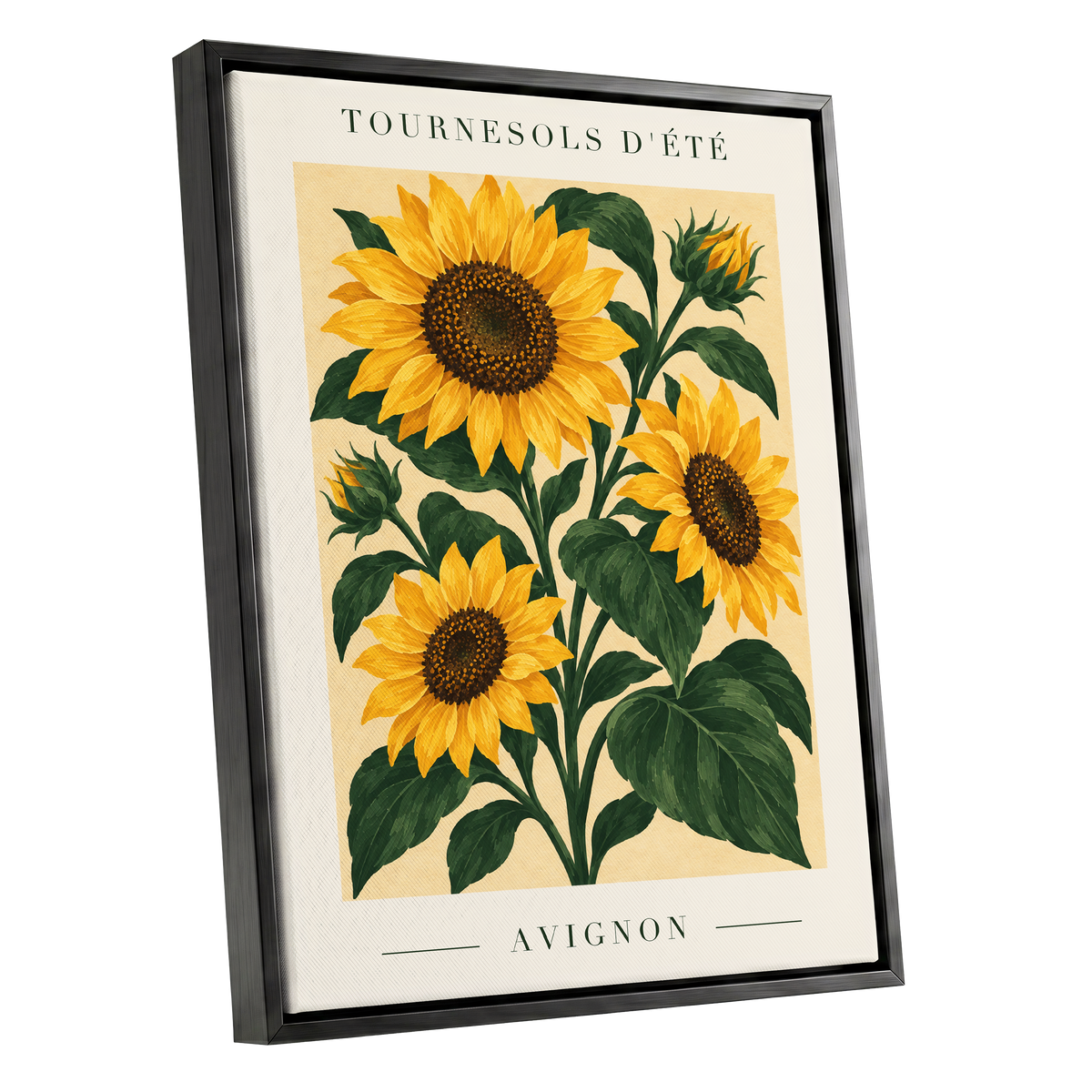 Avignon Sunflower Study, yellow, green, beige floral wall art shown as a black framed canvas wall art