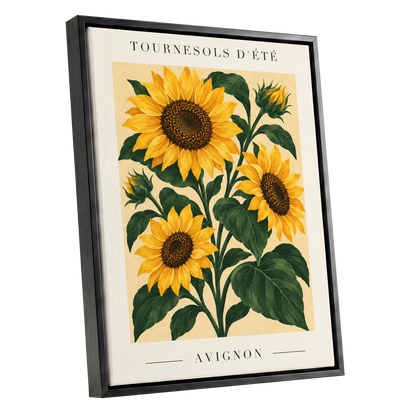 Avignon Sunflower Study, yellow, green, beige floral wall art shown as a black framed canvas wall art