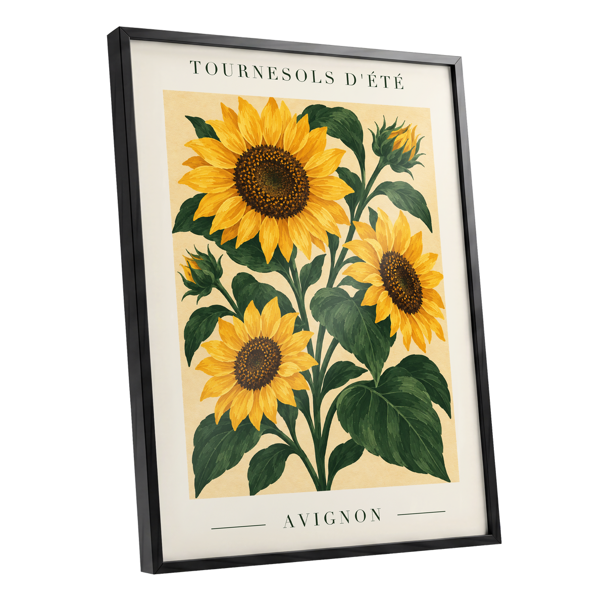 Avignon Sunflower Study, yellow, green, beige floral wall art shown as a black framed poster wall art print