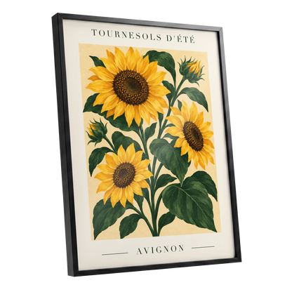 Avignon Sunflower Study, yellow, green, beige floral wall art shown as a black framed poster wall art print