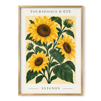 Avignon Sunflower Study, yellow, green, beige floral wall art, front artwork view
