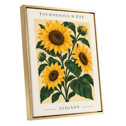 Avignon Sunflower Study, yellow, green, beige floral wall art shown as a gold framed canvas wall art