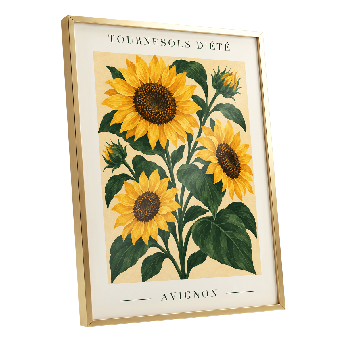 Avignon Sunflower Study, yellow, green, beige floral wall art shown as a gold framed poster wall art print
