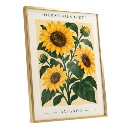 Avignon Sunflower Study, yellow, green, beige floral wall art shown as a gold framed poster wall art print