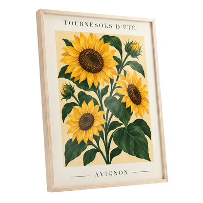 Avignon Sunflower Study, yellow, green, beige floral wall art shown as a oak framed poster wall art print