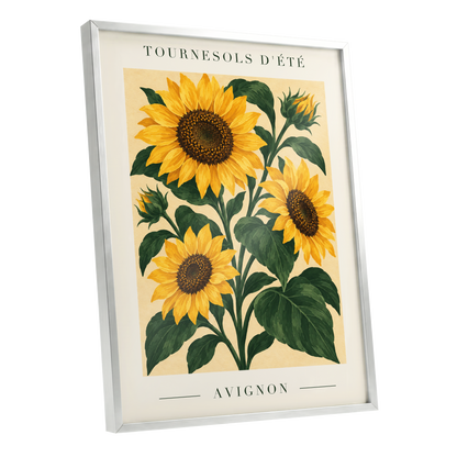 Avignon Sunflower Study, yellow, green, beige floral wall art shown as a silver framed poster wall art print