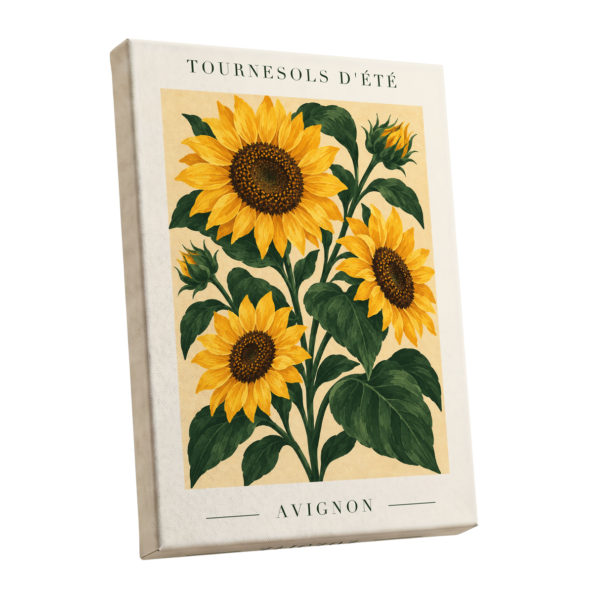 Avignon Sunflower Study, yellow, green, beige floral wall art shown as a stretched canvas wall art