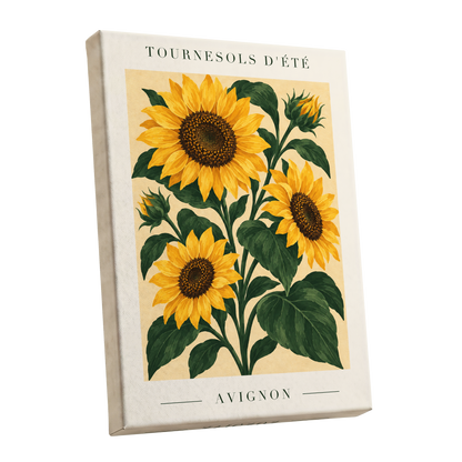 Avignon Sunflower Study, yellow, green, beige floral wall art shown as a stretched canvas wall art