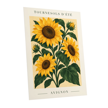 Avignon Sunflower Study, yellow, green, beige floral wall art shown as a unframed poster wall art print