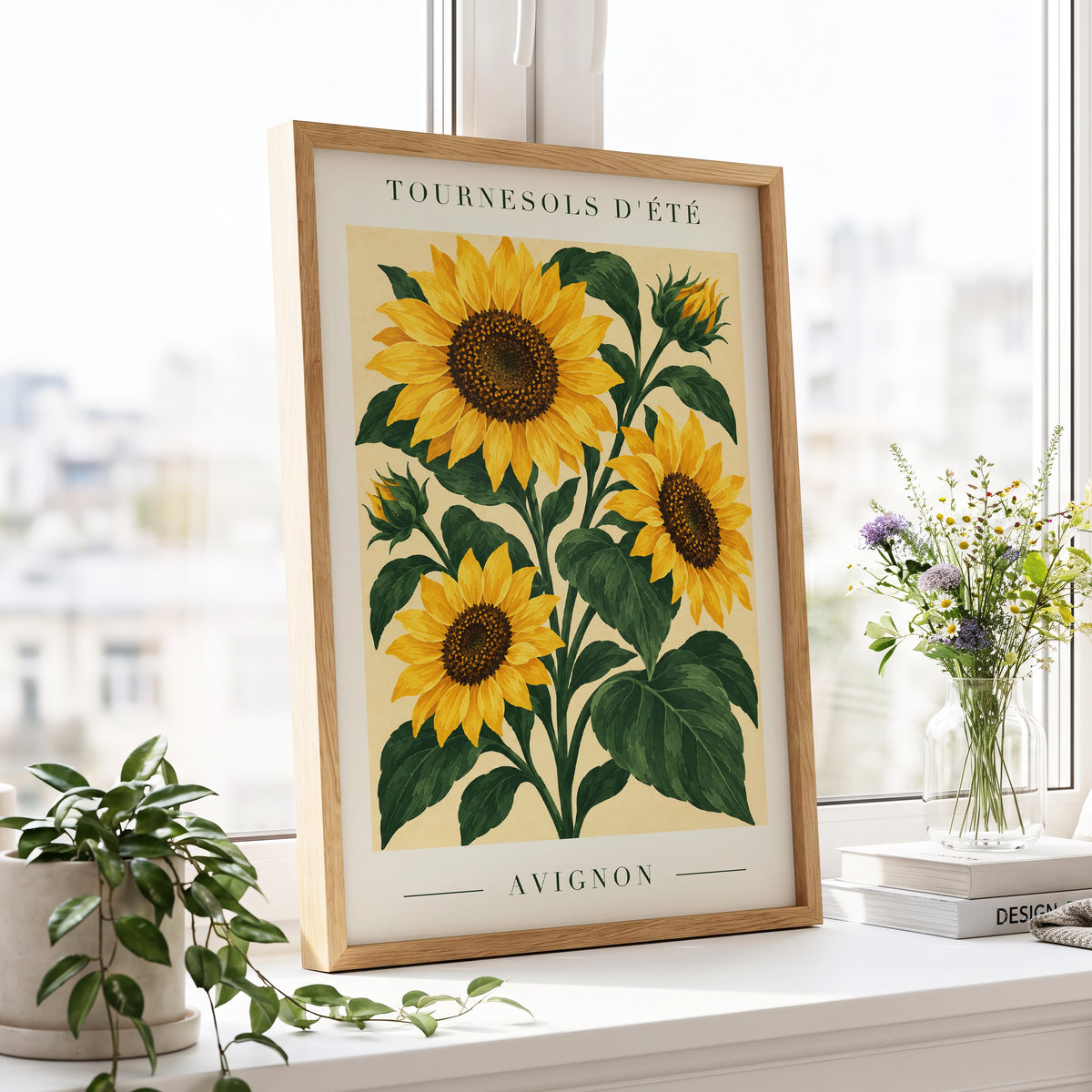 Avignon Sunflower Study, yellow, green, beige floral wall art displayed in a styled interior, gallery view 2
