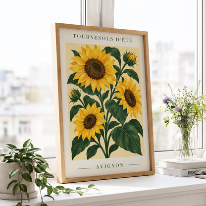 Avignon Sunflower Study, yellow, green, beige floral wall art displayed in a styled interior, gallery view 2