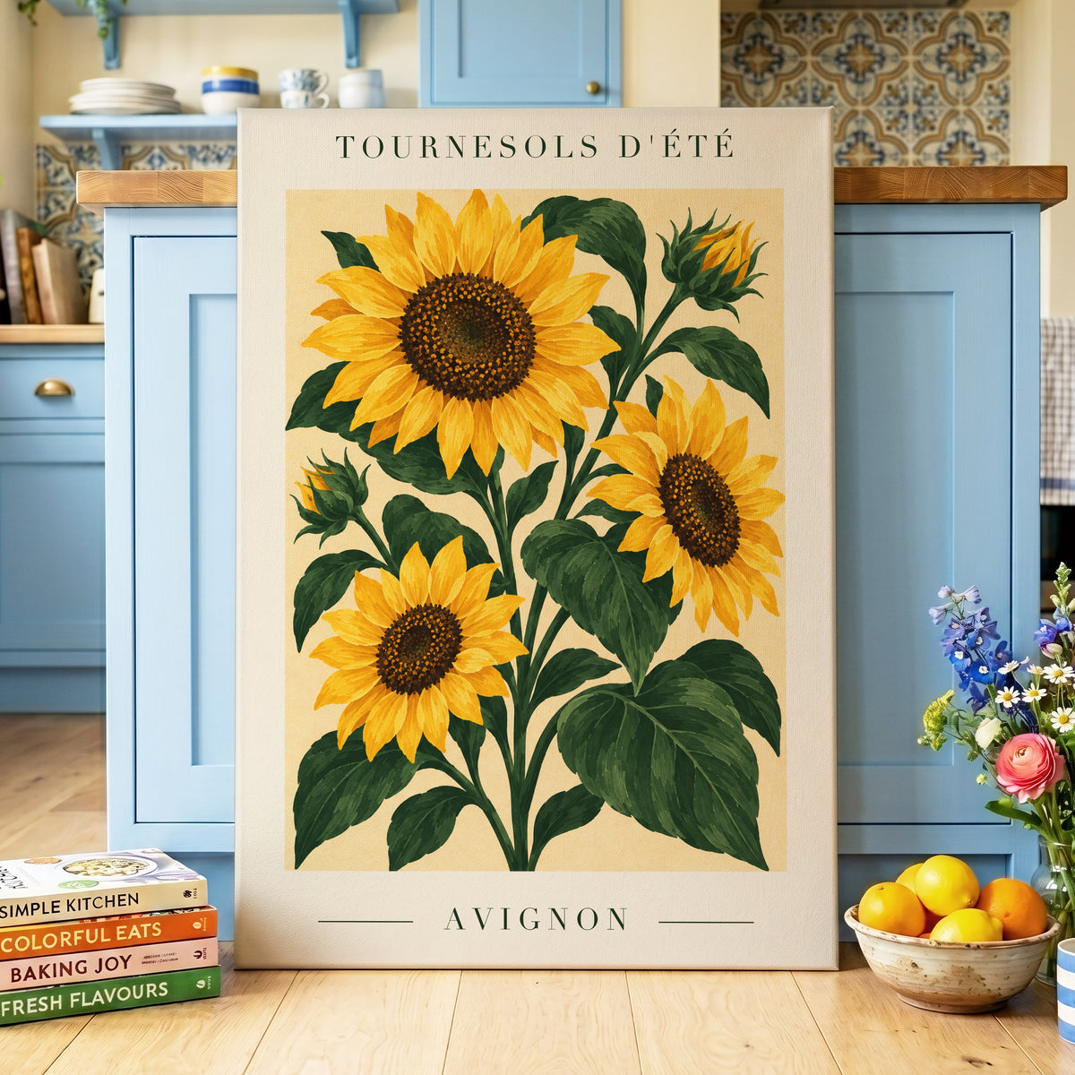 Avignon Sunflower Study, yellow, green, beige floral wall art displayed in a styled interior, gallery view 3
