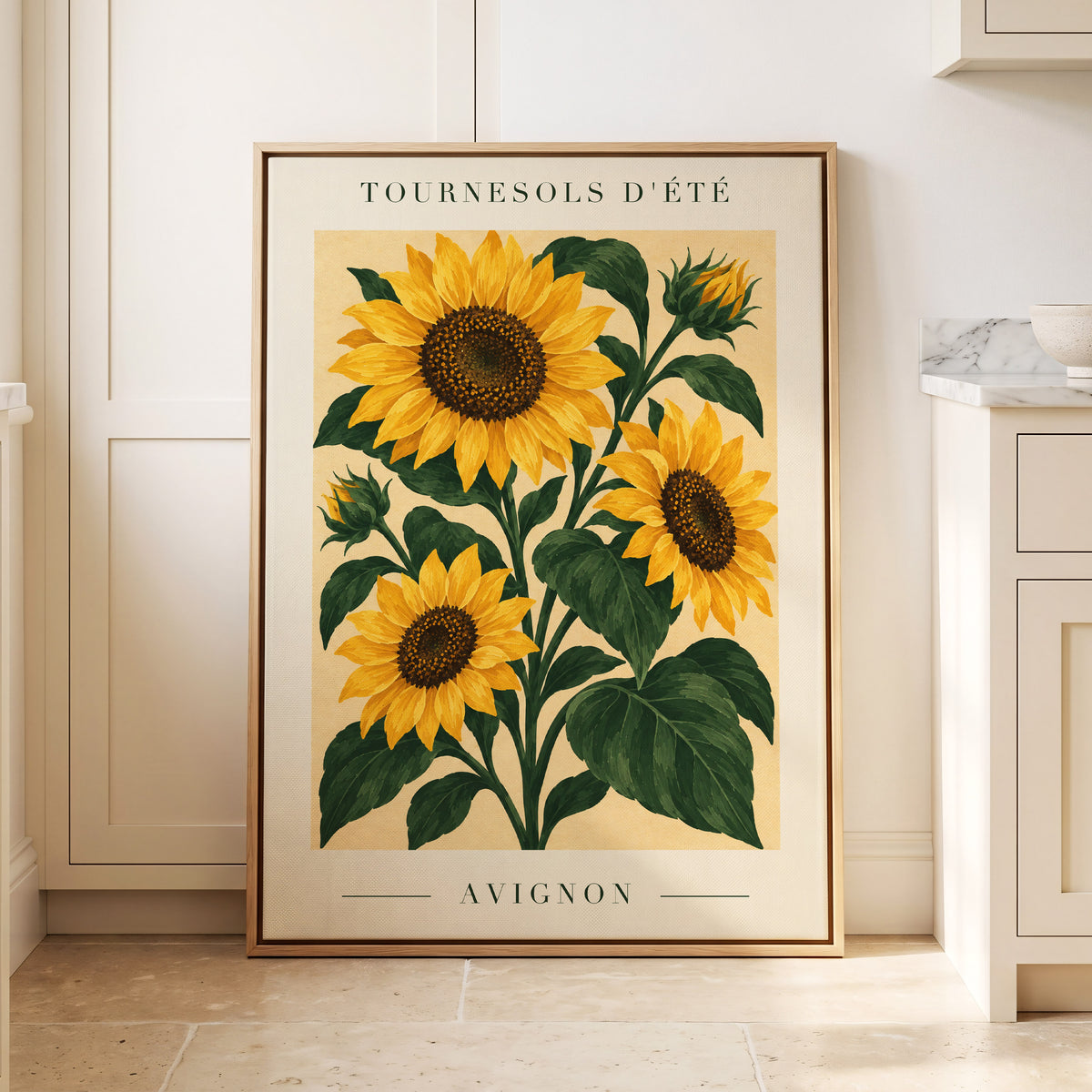 Avignon Sunflower Study, yellow, green, beige floral wall art displayed in a styled interior, gallery view 4