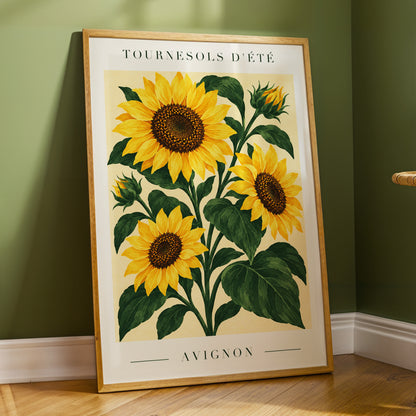 Avignon Sunflower Study, yellow, green, beige floral wall art displayed in a styled interior, gallery view 6