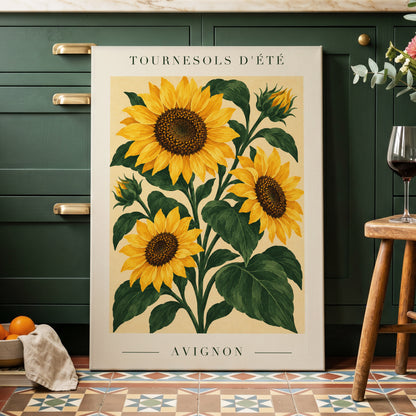 Avignon Sunflower Study, yellow, green, beige floral wall art displayed in a styled interior, gallery view 7
