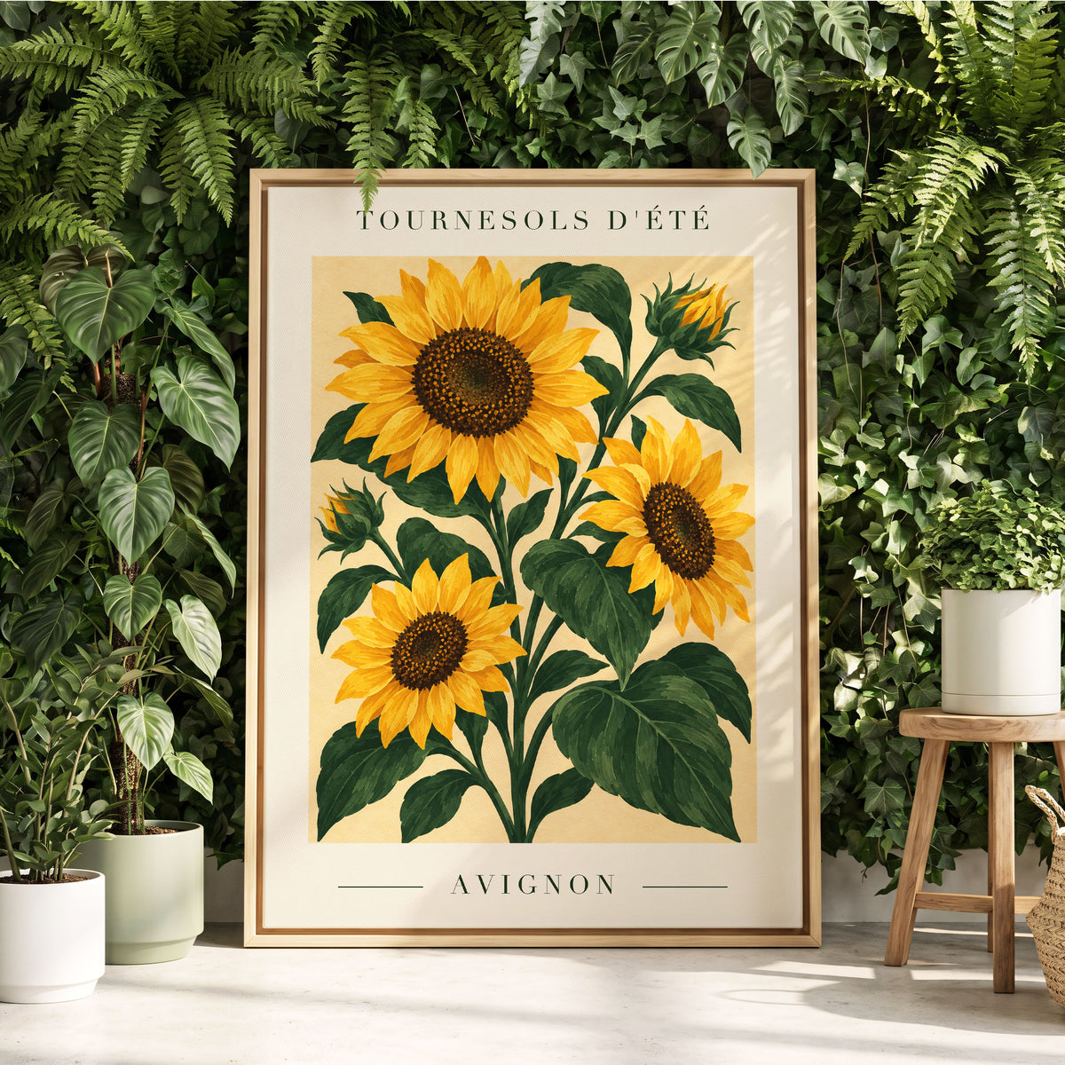 Avignon Sunflower Study, yellow, green, beige floral wall art displayed in a styled interior, gallery view 8