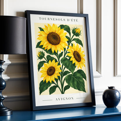 Avignon Sunflower Study, yellow, green, beige floral wall art displayed in a styled interior, gallery view 9