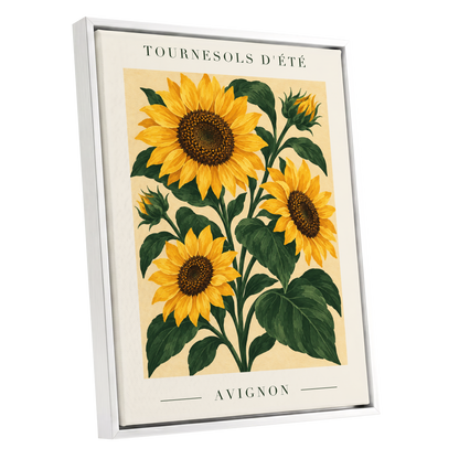 Avignon Sunflower Study, yellow, green, beige floral wall art shown as a white framed canvas wall art