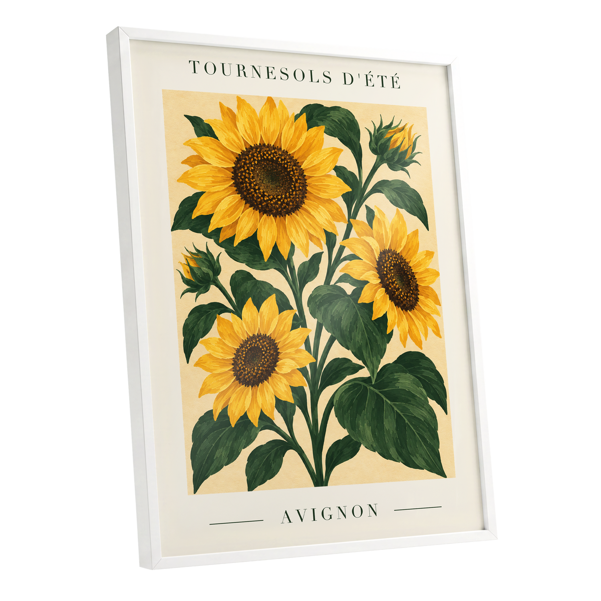 Avignon Sunflower Study, yellow, green, beige floral wall art shown as a white framed poster wall art print