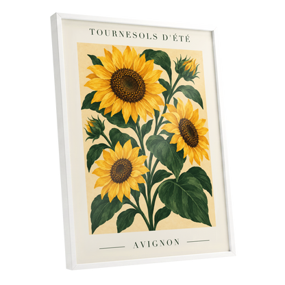 Avignon Sunflower Study, yellow, green, beige floral wall art shown as a white framed poster wall art print