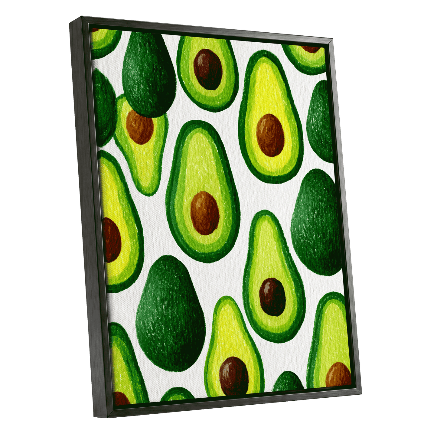 Avocado Parade, green, yellow, brown nature wall art shown as a black framed canvas wall art