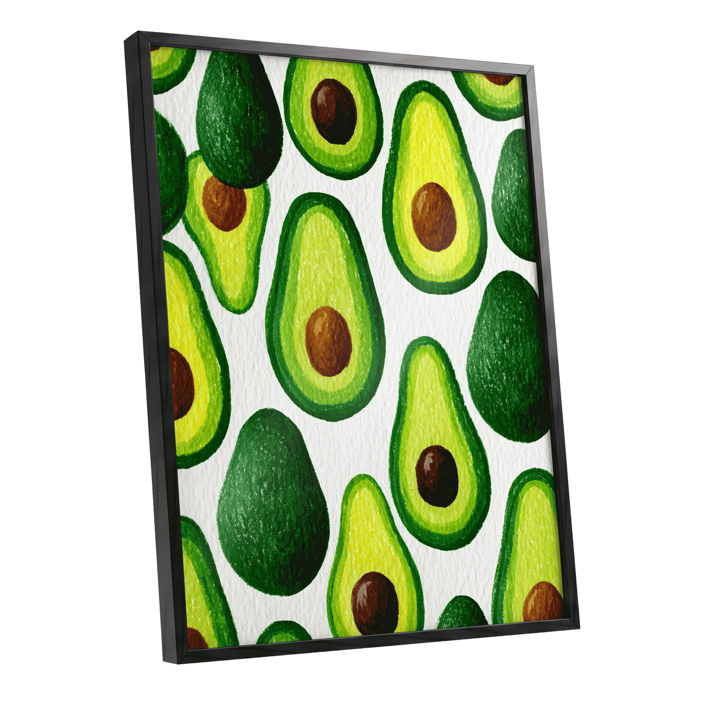 Avocado Parade, green, yellow, brown nature wall art shown as a black framed poster wall art print