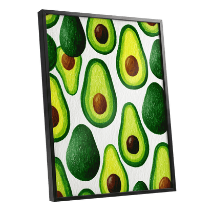 Avocado Parade, green, yellow, brown nature wall art shown as a black framed poster wall art print