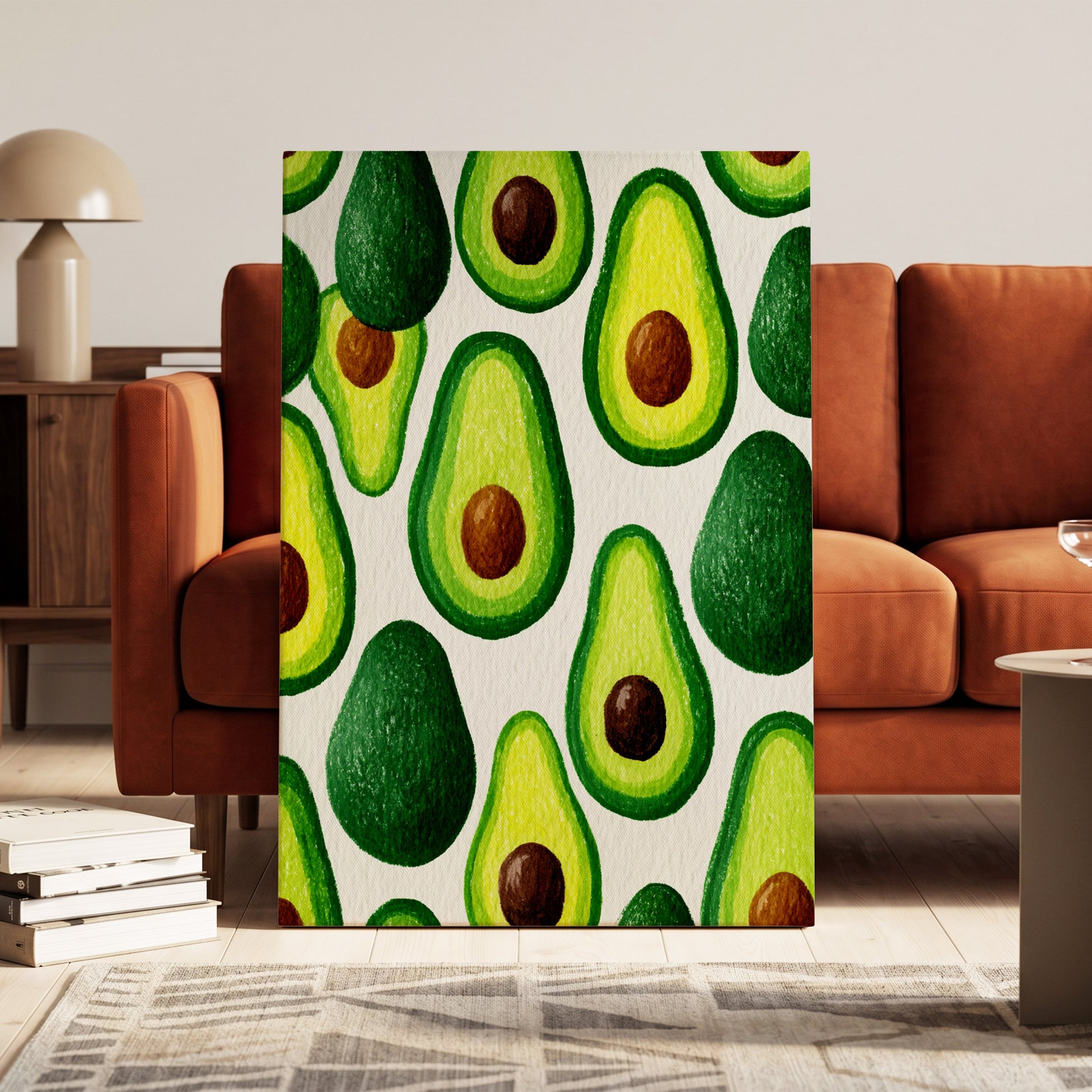 Avocado Parade, green, yellow, brown nature wall art on canvas displayed in a styled interior, gallery view 1
