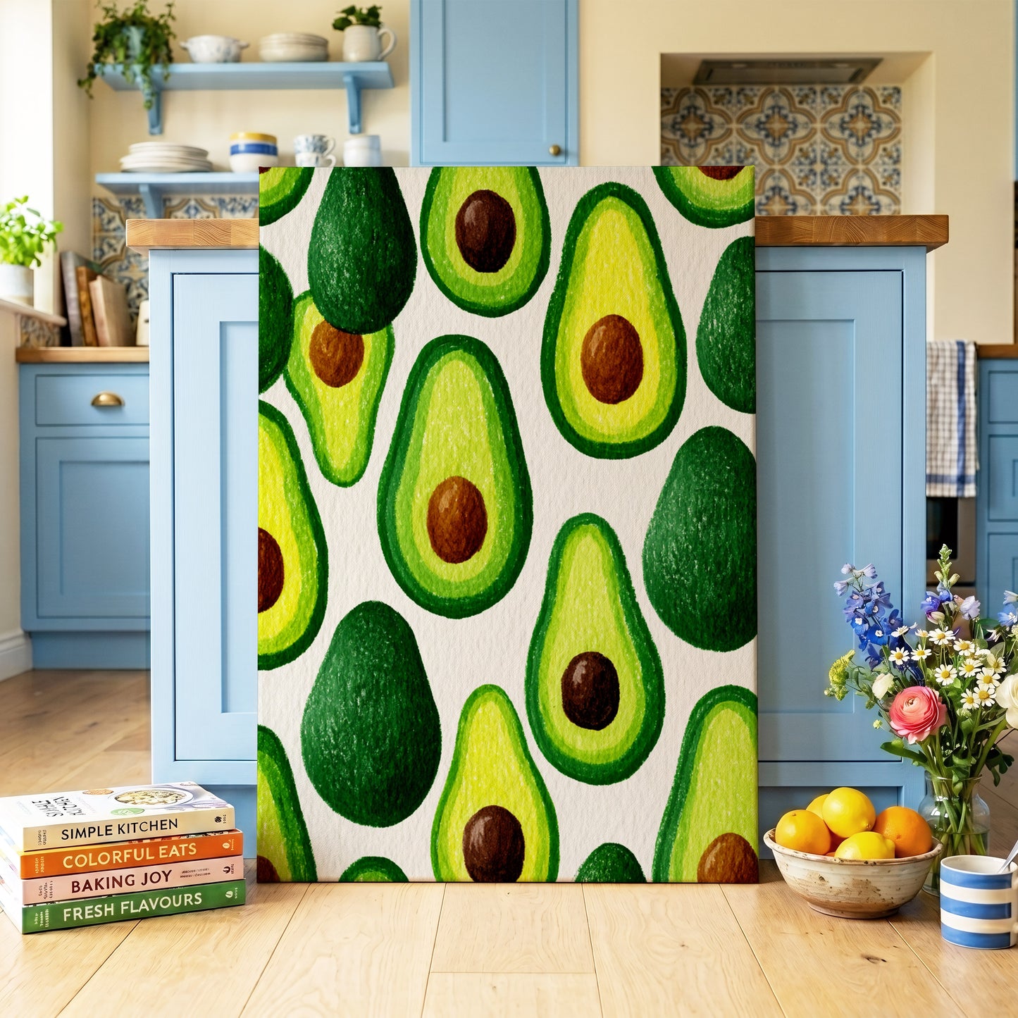 Avocado Parade, green, yellow, brown nature wall art on canvas displayed in a styled interior, gallery view 2
