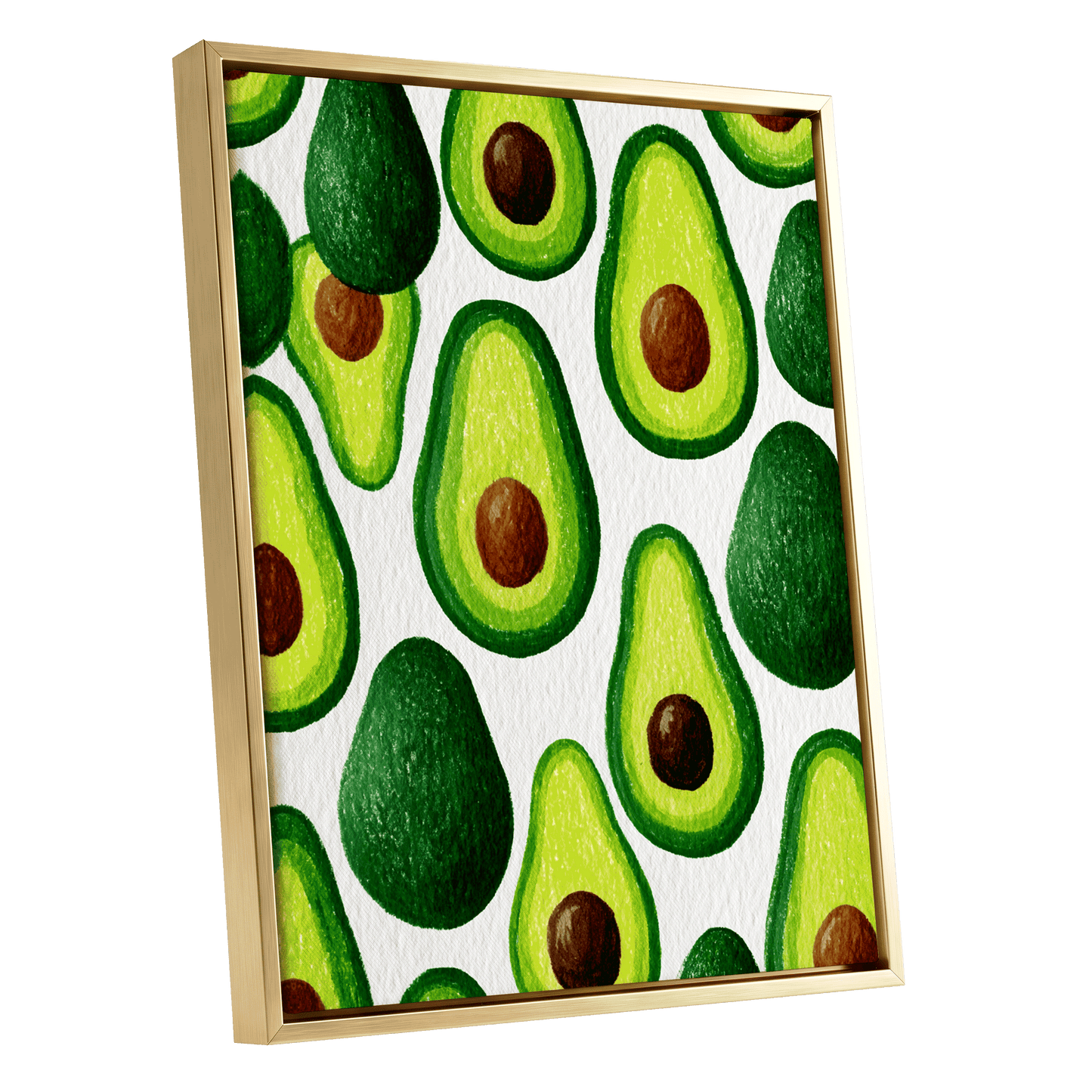 Avocado Parade, green, yellow, brown nature wall art shown as a gold framed canvas wall art