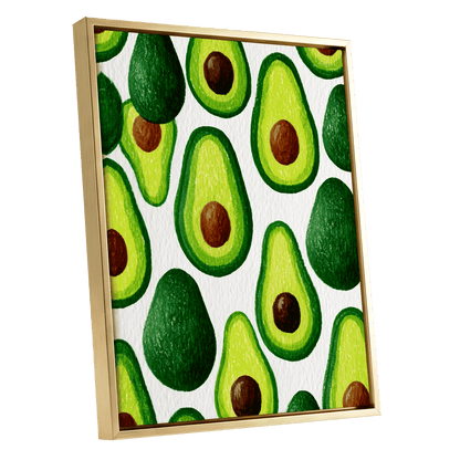 Avocado Parade, green, yellow, brown nature wall art shown as a gold framed canvas wall art