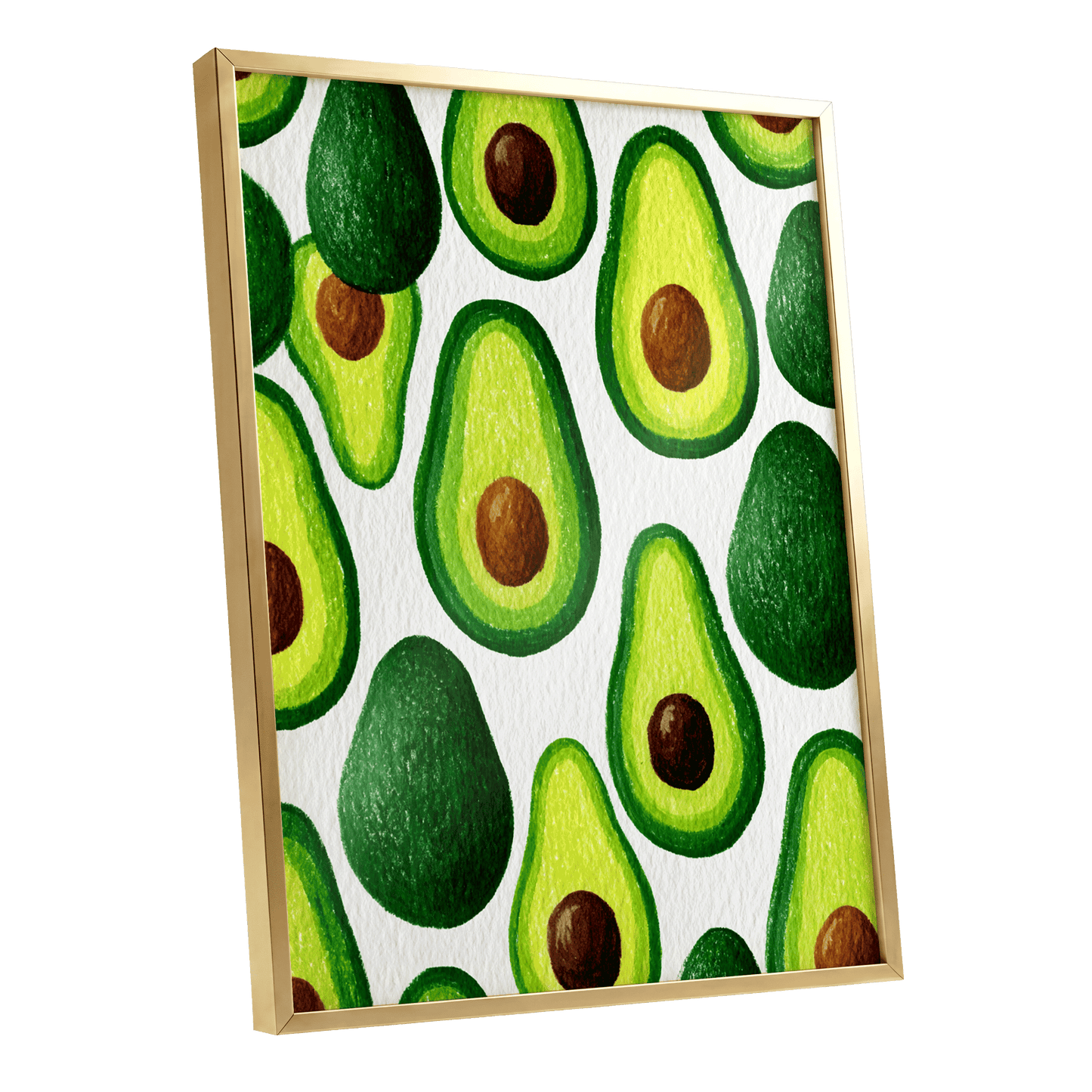 Avocado Parade, green, yellow, brown nature wall art shown as a gold framed poster wall art print
