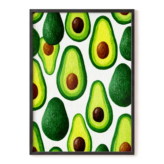 Avocado Parade, green, yellow, brown nature wall art, front artwork view