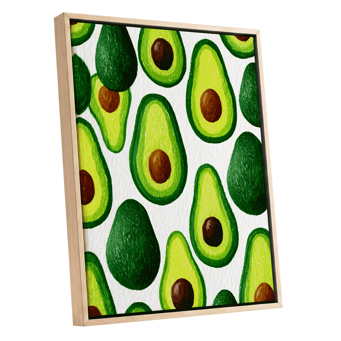 Avocado Parade, green, yellow, brown nature wall art shown as a oak framed canvas wall art