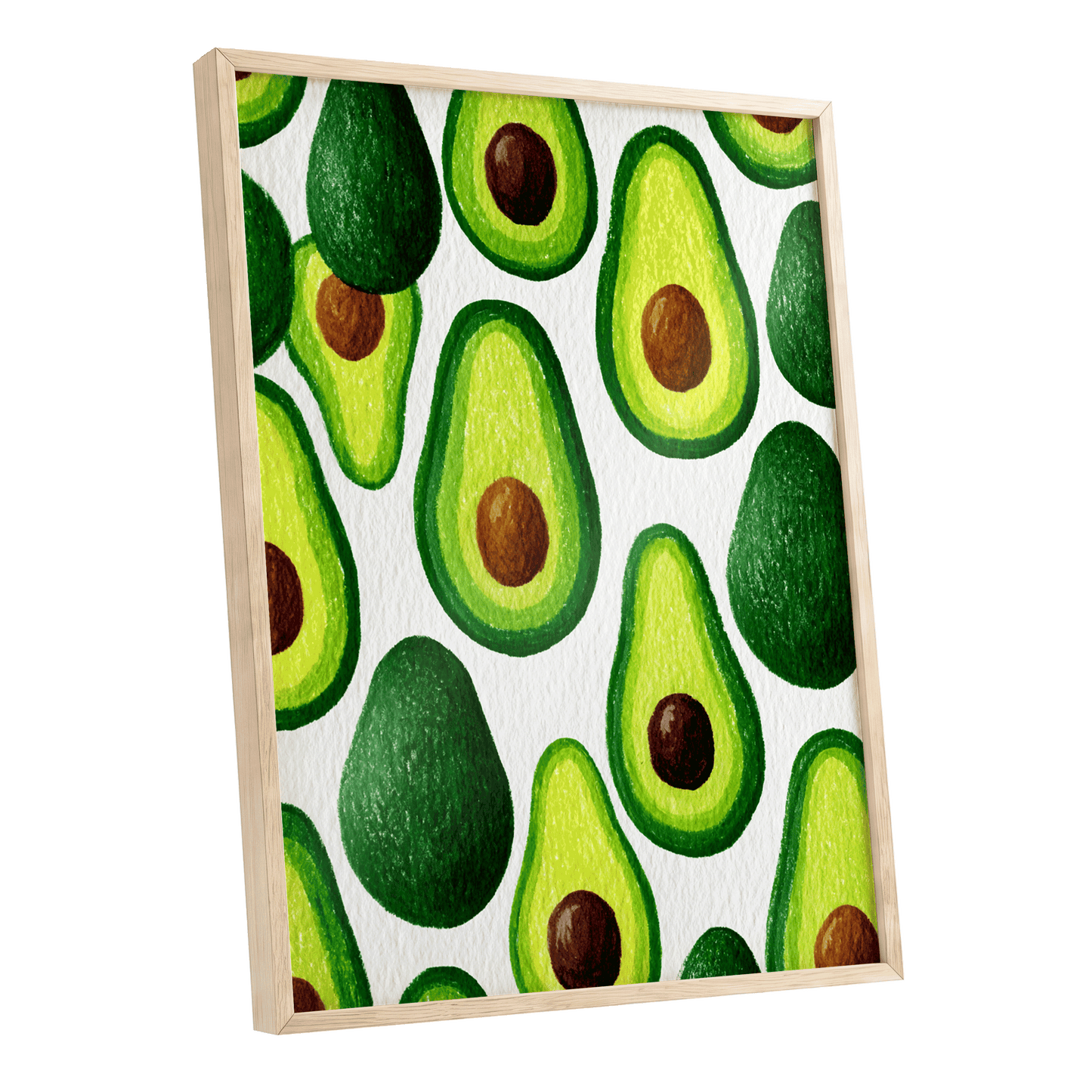 Avocado Parade, green, yellow, brown nature wall art shown as a oak framed poster wall art print