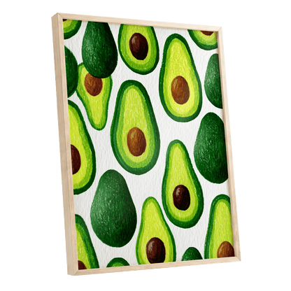 Avocado Parade, green, yellow, brown nature wall art shown as a oak framed poster wall art print
