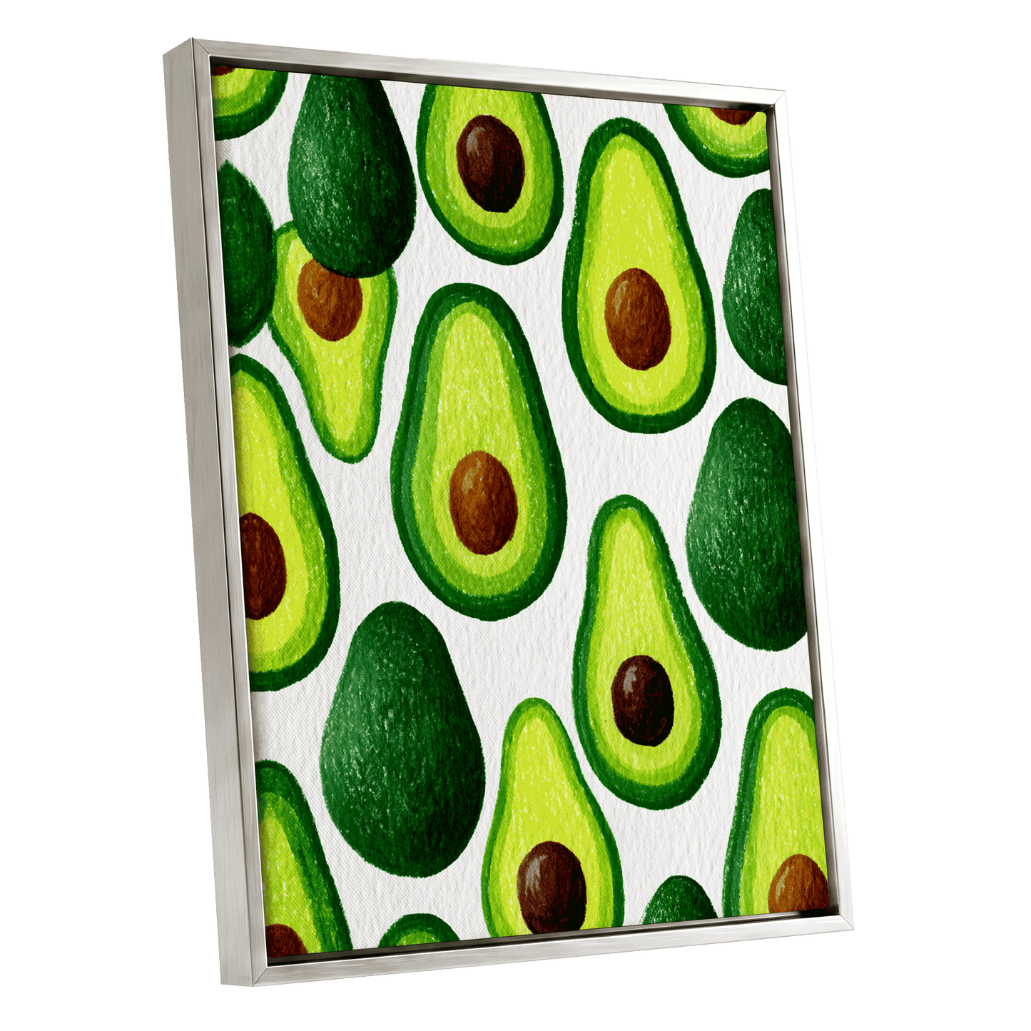 Avocado Parade, green, yellow, brown nature wall art shown as a silver framed canvas wall art