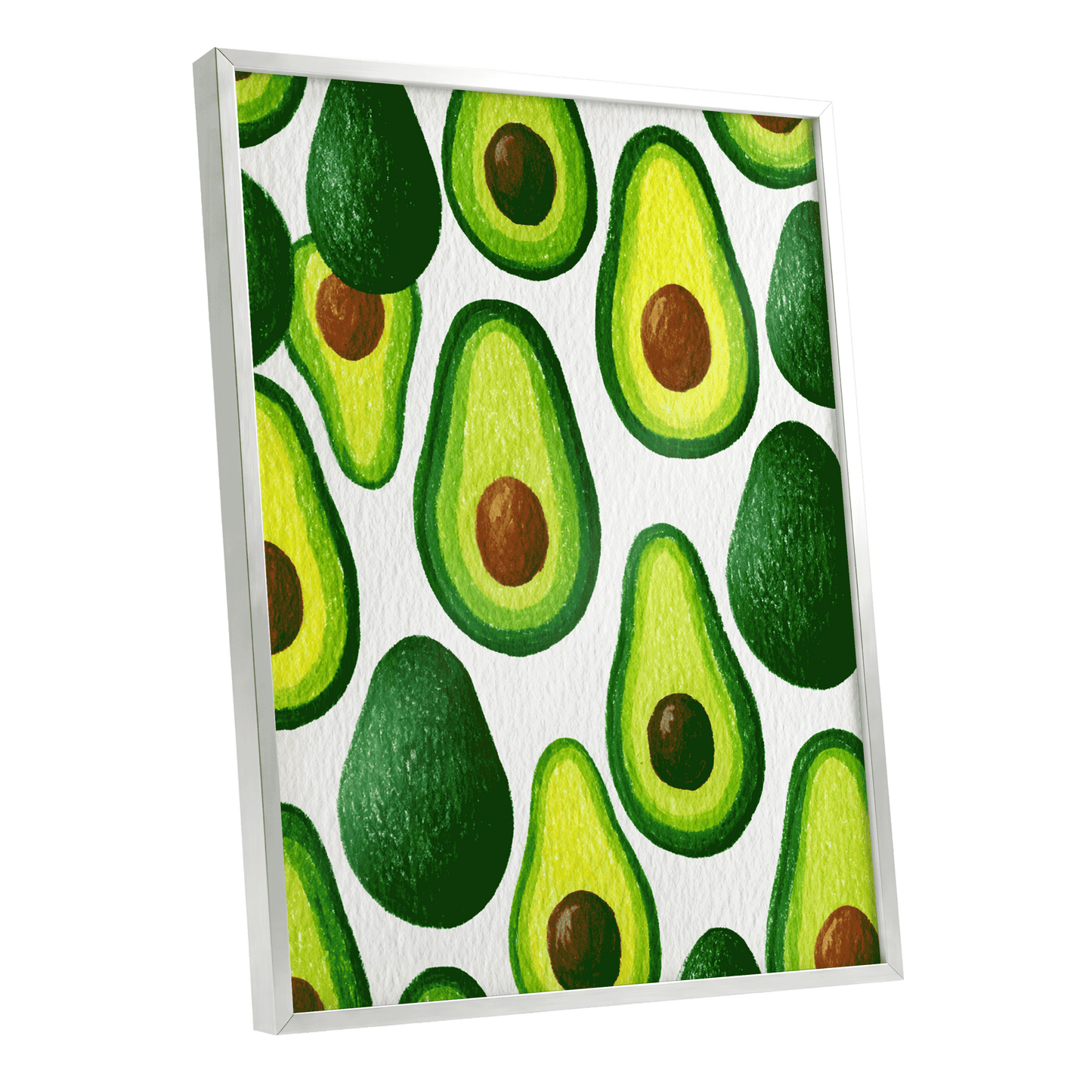 Avocado Parade, green, yellow, brown nature wall art shown as a silver framed poster wall art print