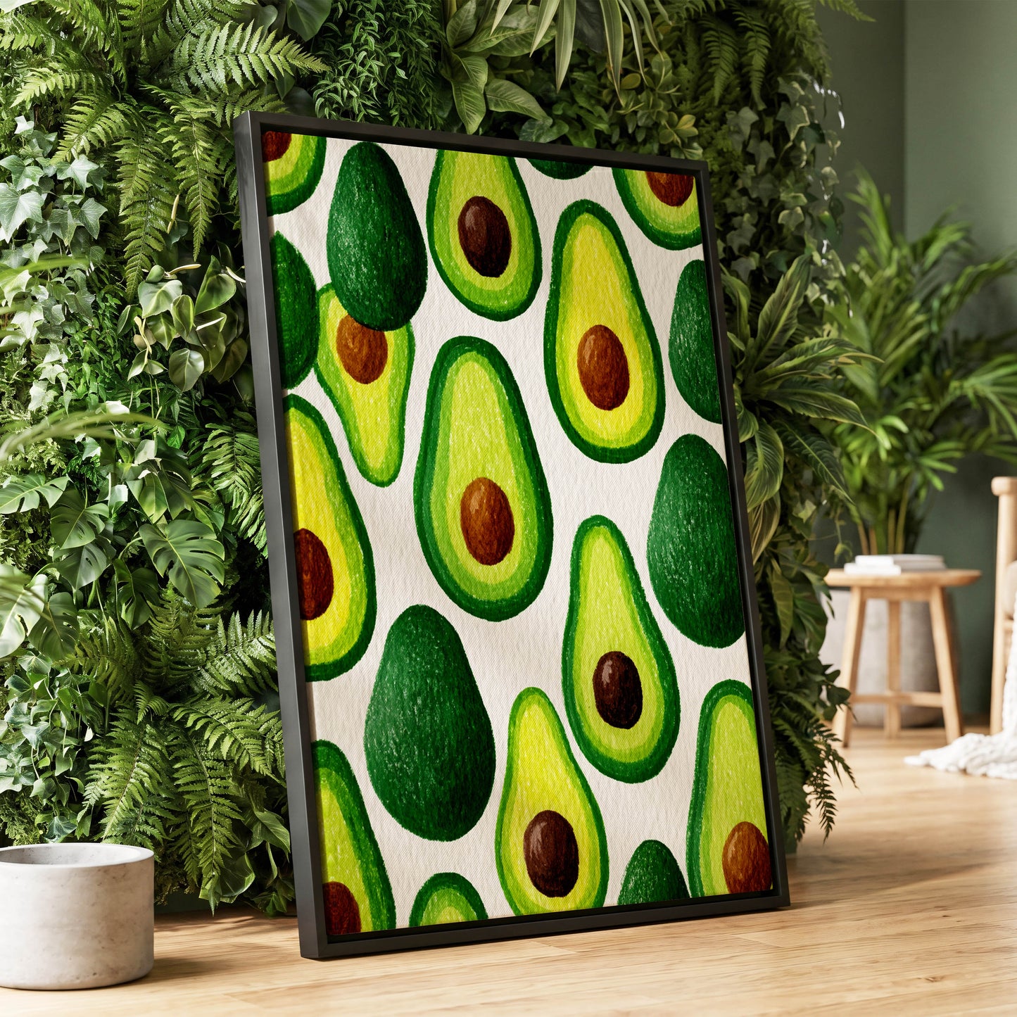 Avocado Parade, green, yellow, brown nature wall art displayed in a styled interior, gallery view 1