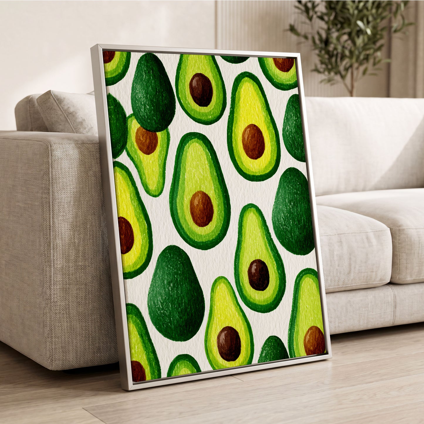Avocado Parade, green, yellow, brown nature wall art displayed in a styled interior, gallery view 2