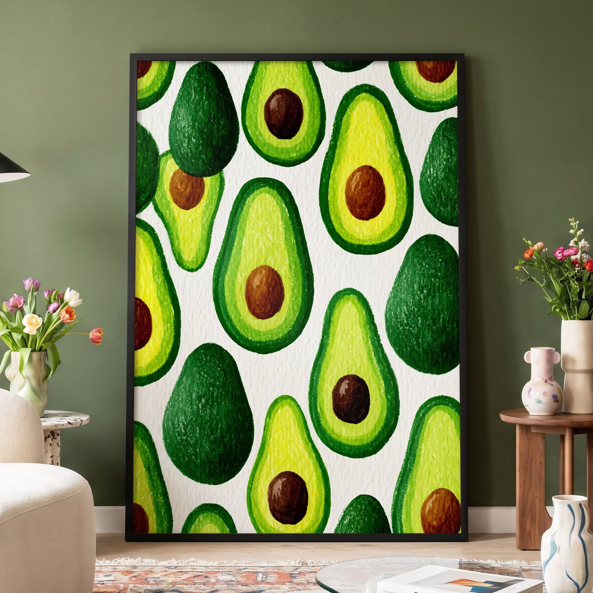 Avocado Parade, green, yellow, brown nature wall art displayed in a styled interior, gallery view 4
