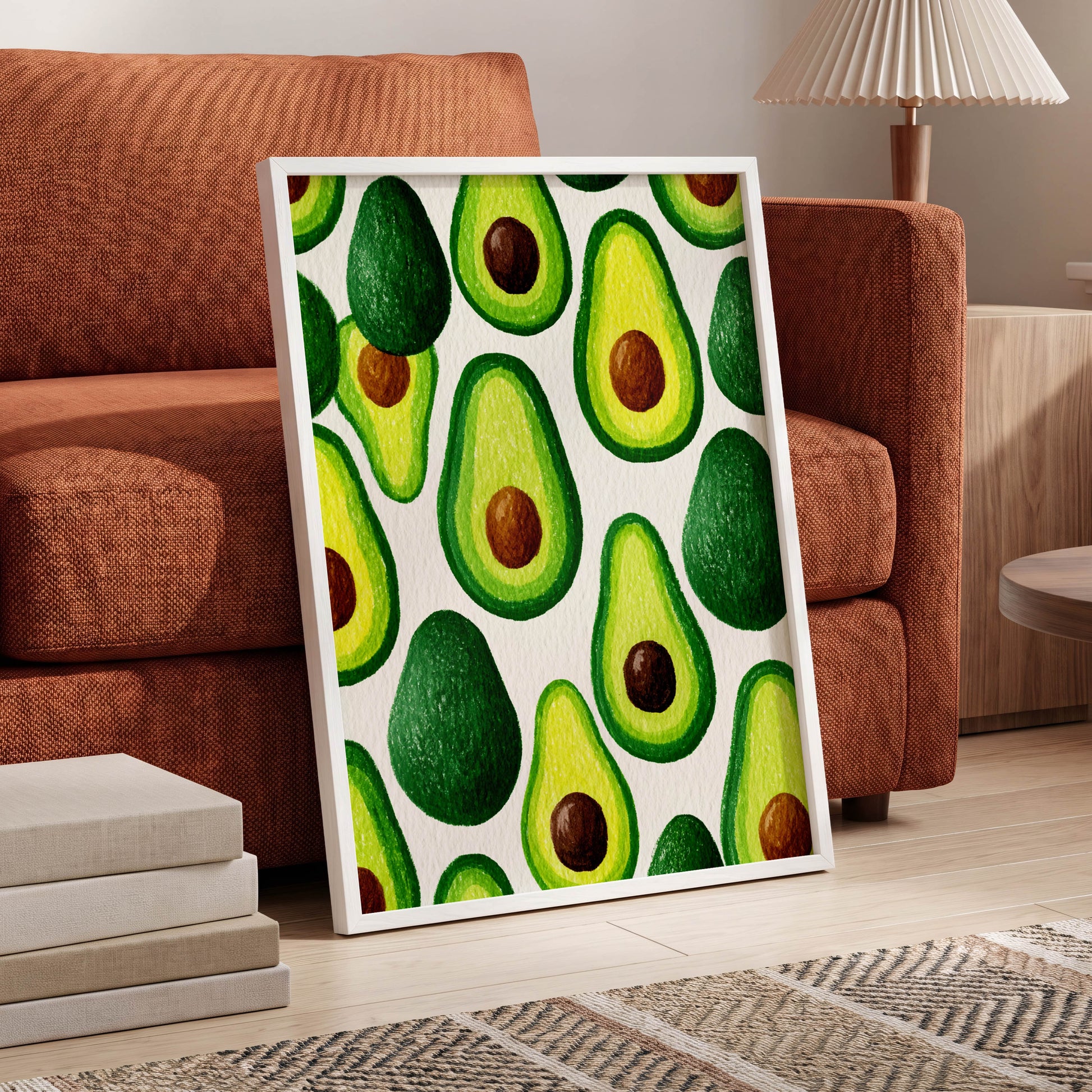 Avocado Parade, green, yellow, brown nature wall art displayed in a styled interior, gallery view 6