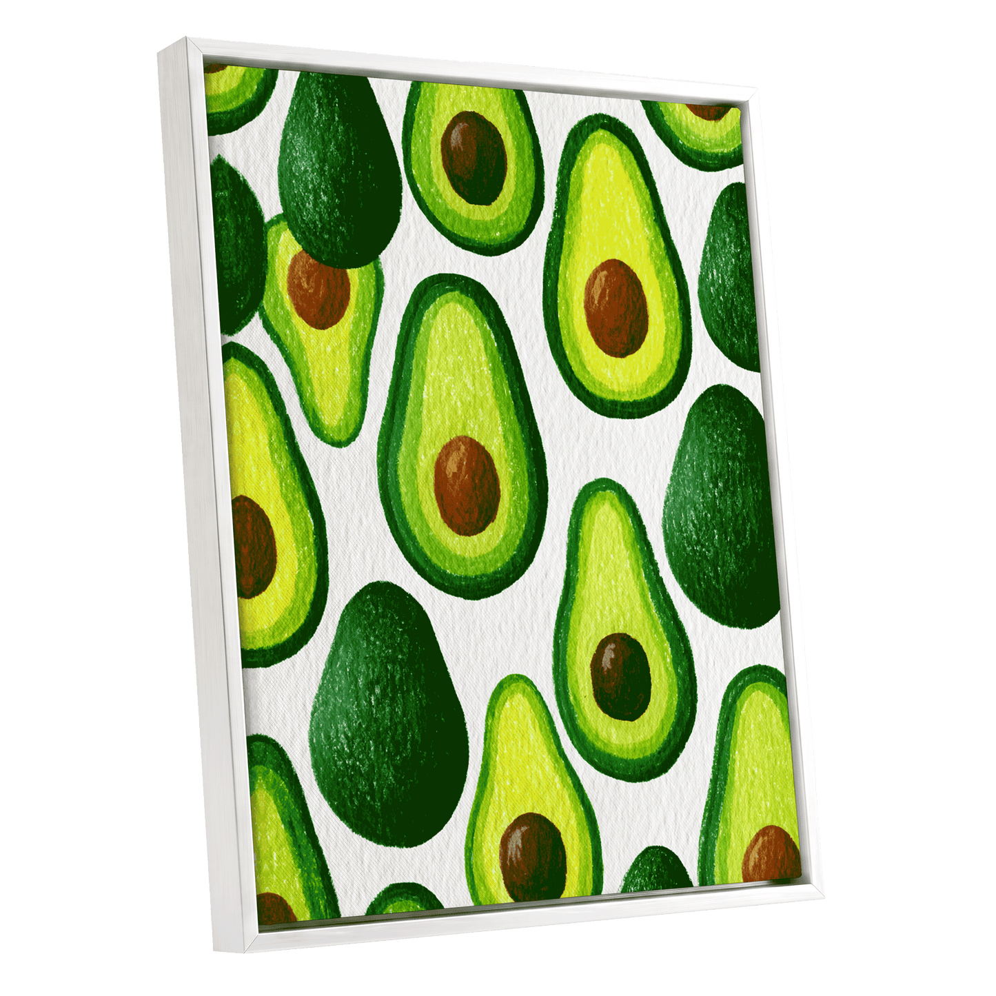 Avocado Parade, green, yellow, brown nature wall art shown as a white framed canvas wall art