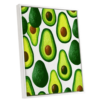 Avocado Parade, green, yellow, brown nature wall art shown as a white framed canvas wall art